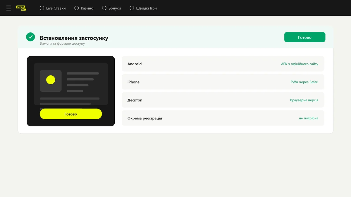 Формати доступу StawkiBet: APK для Android, PWA для iPhone і браузерна версія